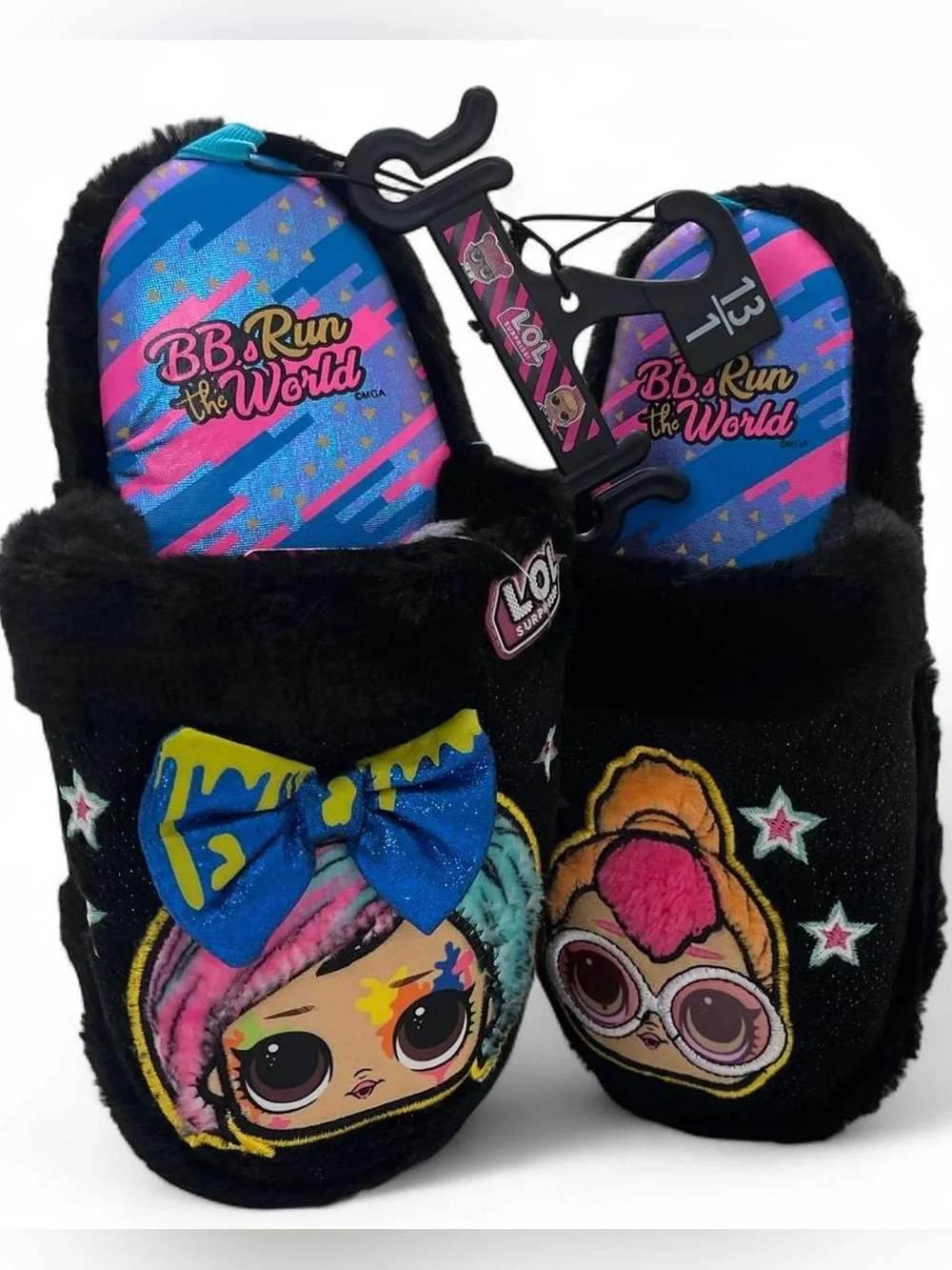 13C 1Y Girls Slippers L.O.L Surprise Black Multicolor 3D Bow Sparkly Cozy NWT